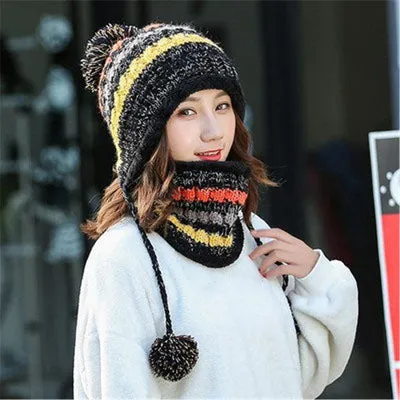 2 Pieces Big Pom Pom Ball Casual Warm Knitted Winter Beanie & Scarf