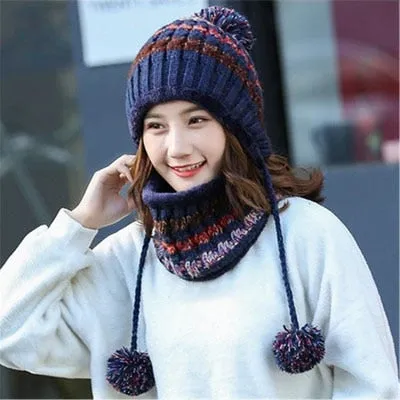 2 Pieces Big Pom Pom Ball Casual Warm Knitted Winter Beanie & Scarf