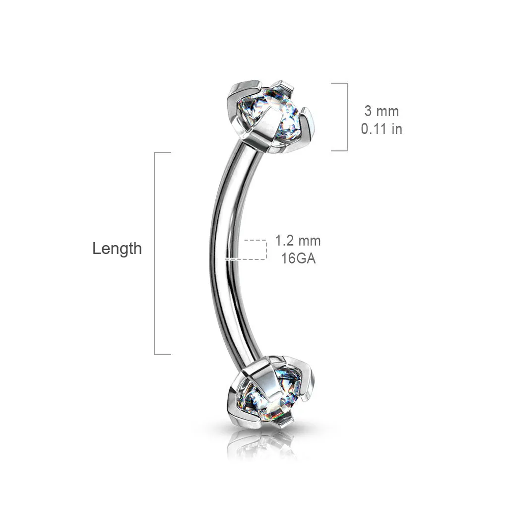 316L Surgical Steel Prong Set Clear CZ Internally Threaded Eyebrow Curve Rings