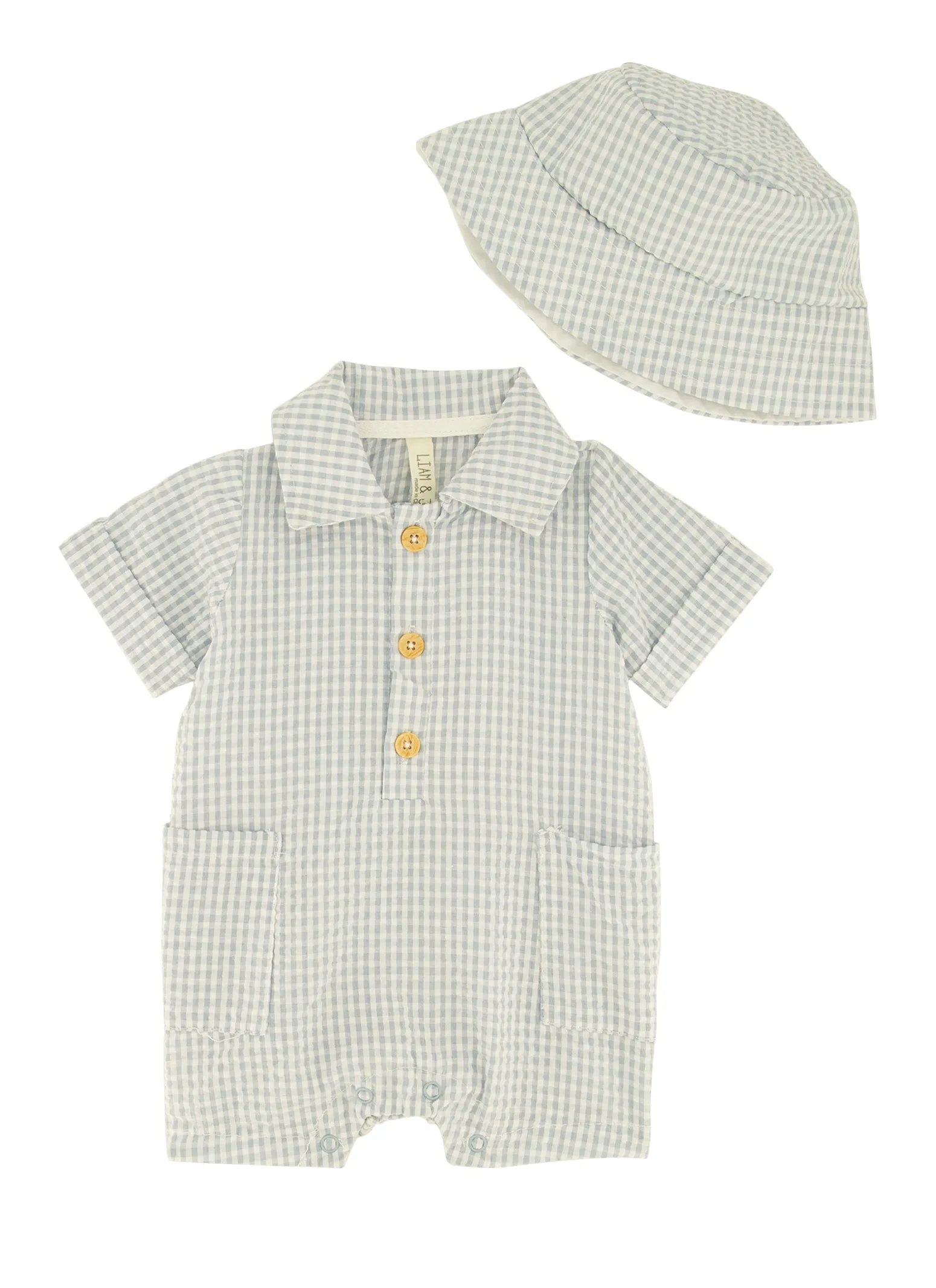 Baby Boys 0-9M Gauze Knit Gingham Print Romper with Bucket Hat