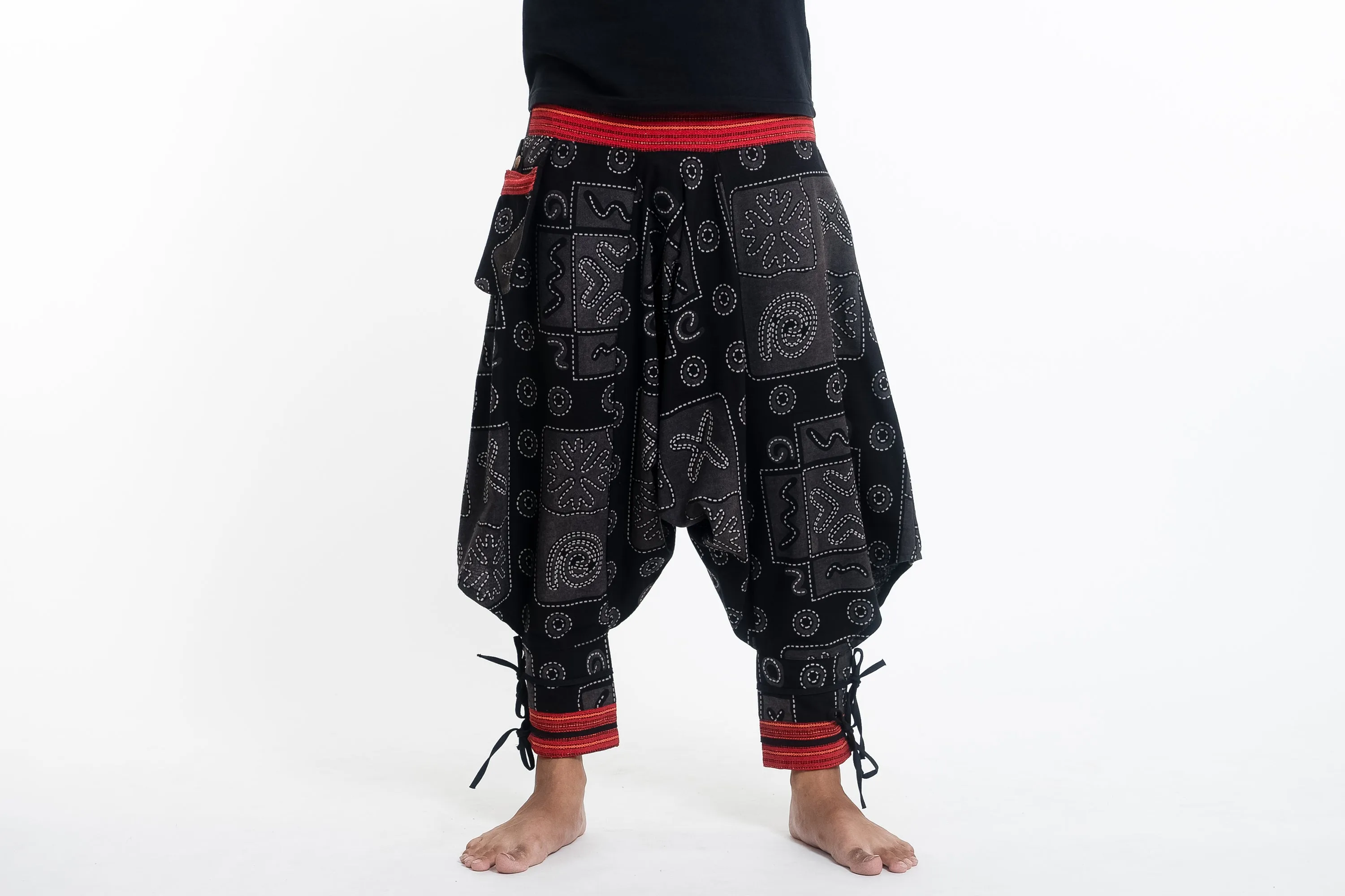 Black and Gray Thai Hill Tribe Fabric Men's Harem Pants with Ankle Straps