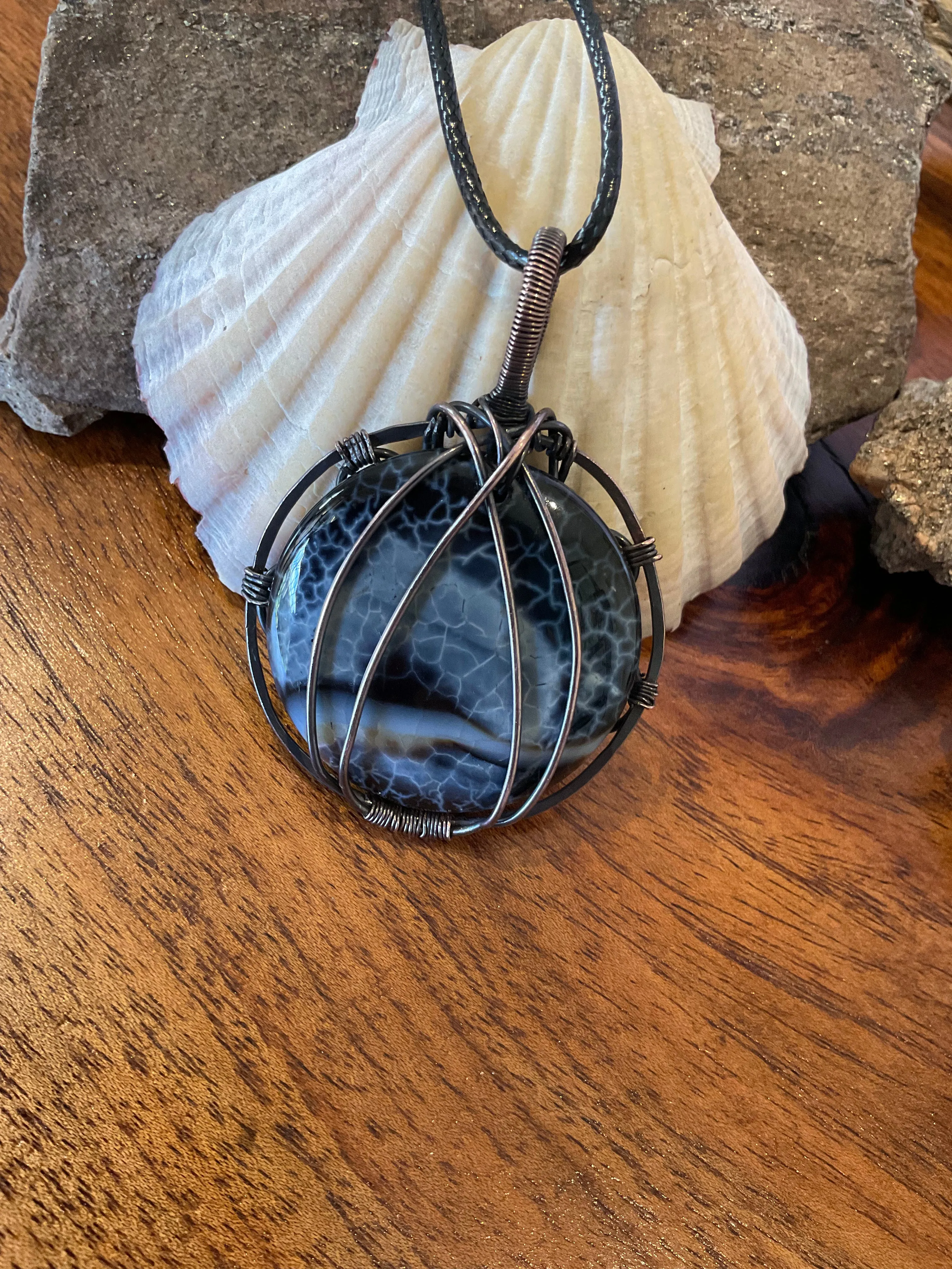 Black Fire Agate Wire Wrapped Pendant