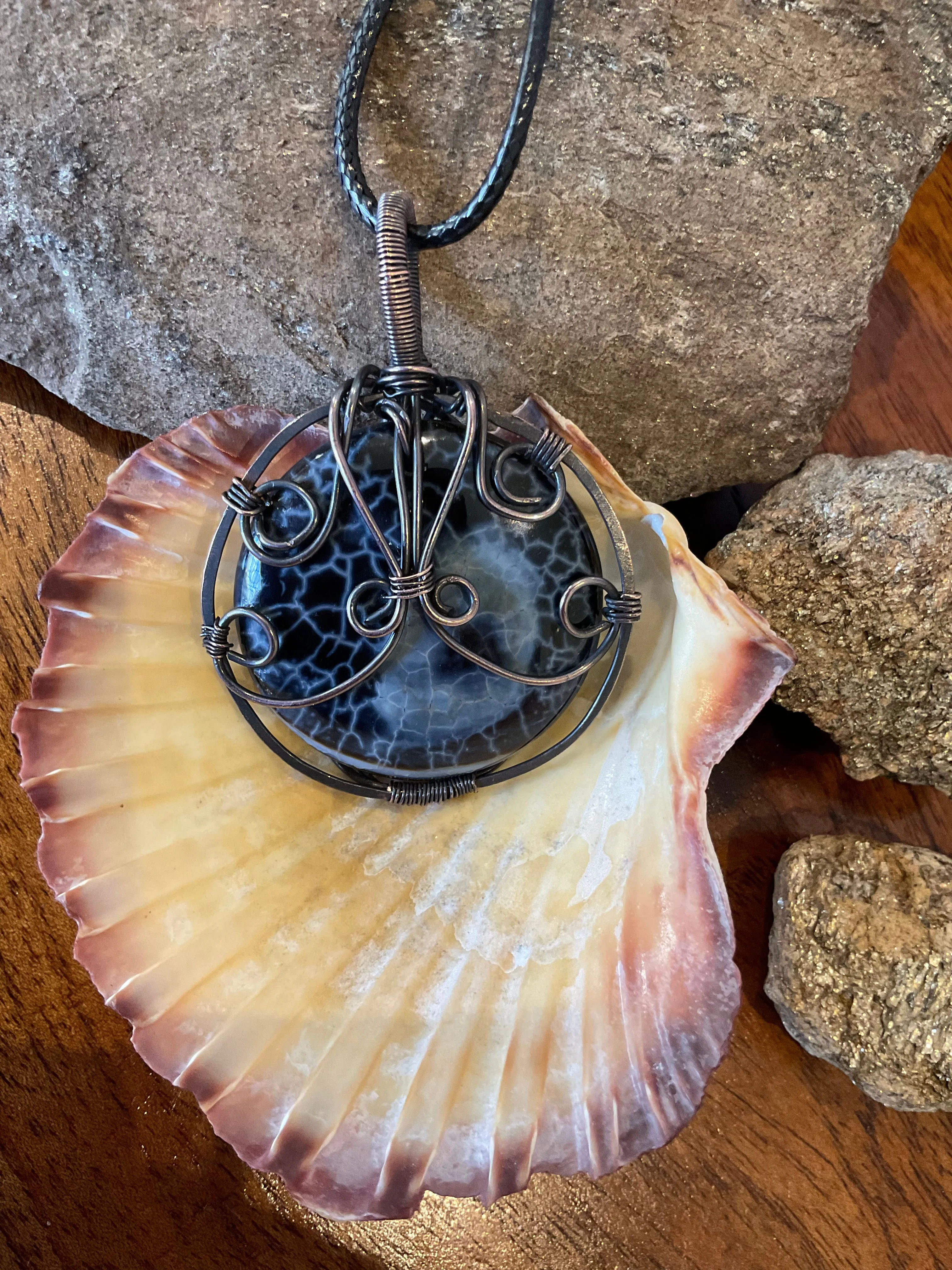 Black Fire Agate Wire Wrapped Pendant