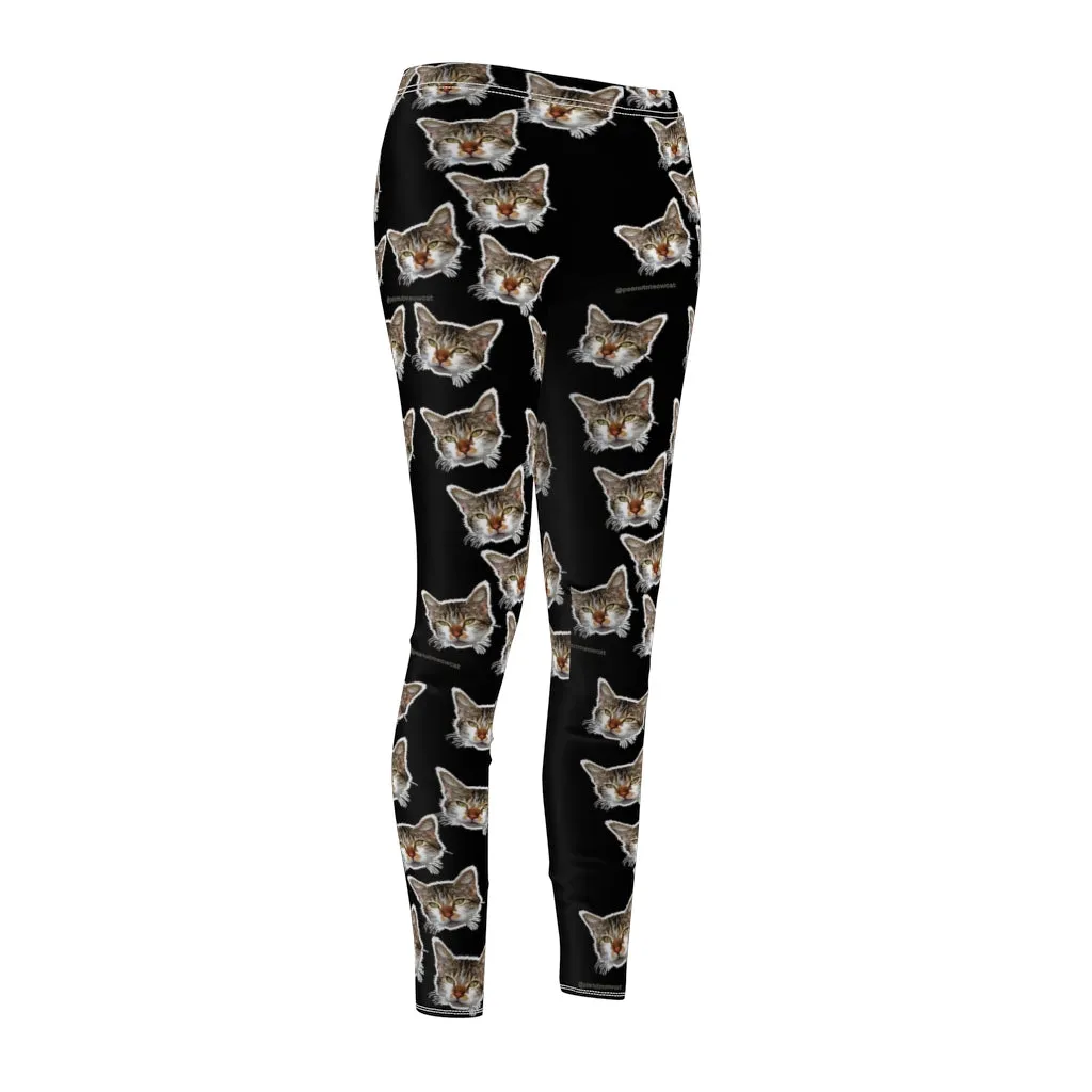 Black Peanut Casual Leggings, Meow Cat Cute Calico Print Women's Yoga Tights - Made in USA