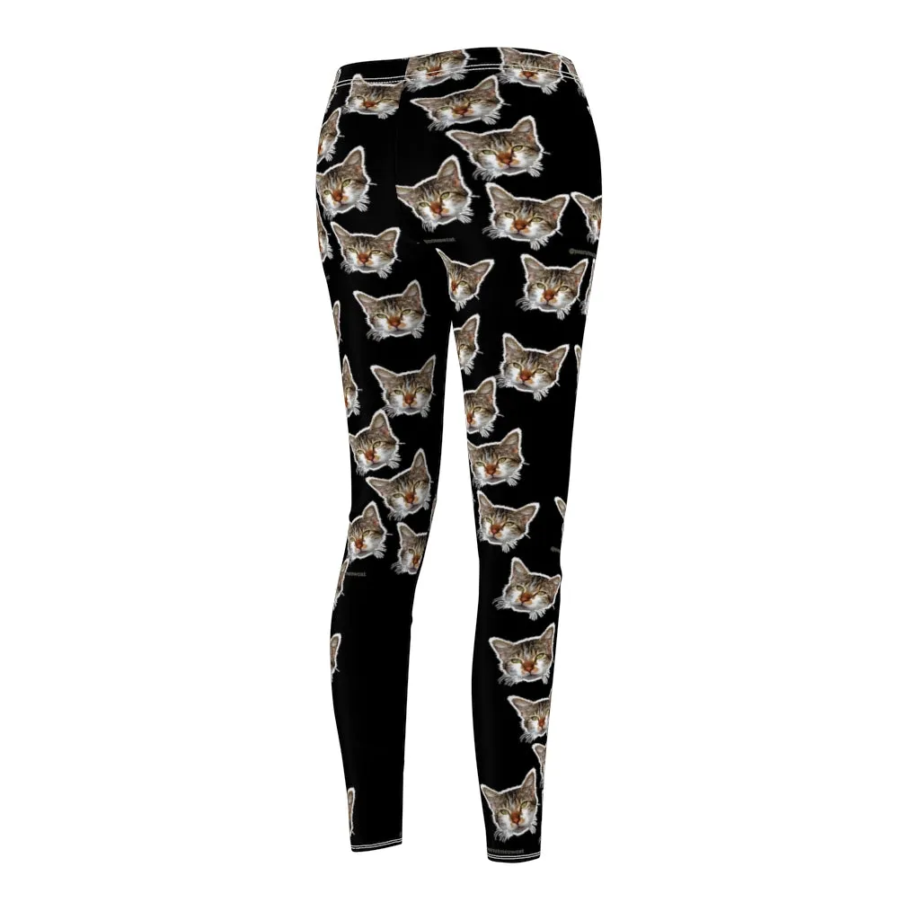 Black Peanut Casual Leggings, Meow Cat Cute Calico Print Women's Yoga Tights - Made in USA