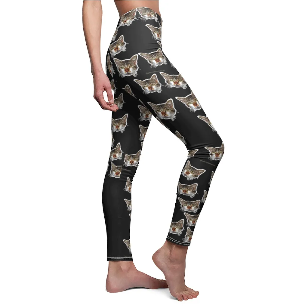 Black Peanut Casual Leggings, Meow Cat Cute Calico Print Women's Yoga Tights - Made in USA