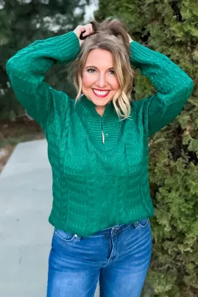 Blissful Blessings Split Neck Cable Knit Sweater : Hunter Green