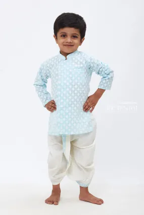 Boys Sky Blue Kurta with White Dhoti: Delicate Floral Embroidery - Classic Festive Wear