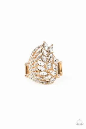 Clear Cut Cascade Gold and White Rhinestone Ring - Paparazzi Accessories