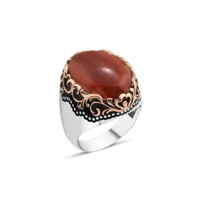 Domic Red Ellipse Agate Stone Silver Men's Ring with Wavy Top Pattern Around