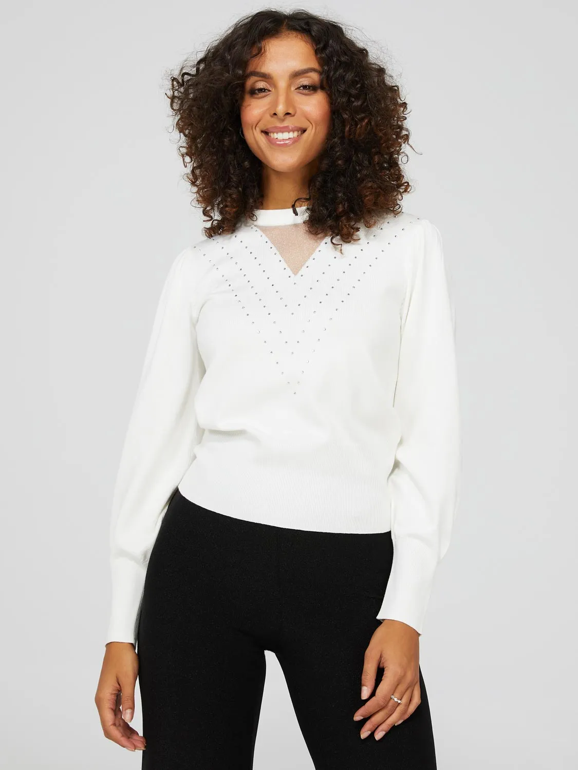 Embellished V-Neck Sweater With Mesh Detail