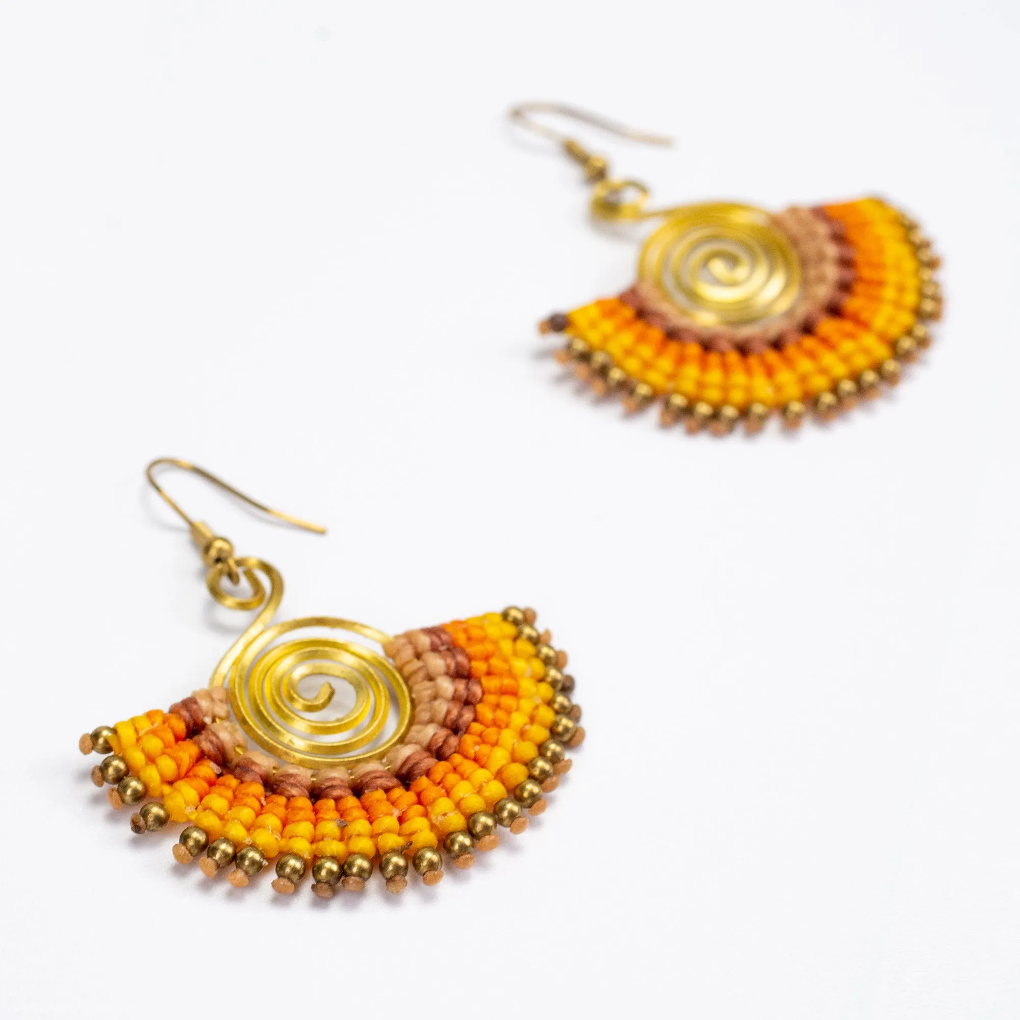 Fan Yellow Orange Waxed String Spiral Brass Earrings