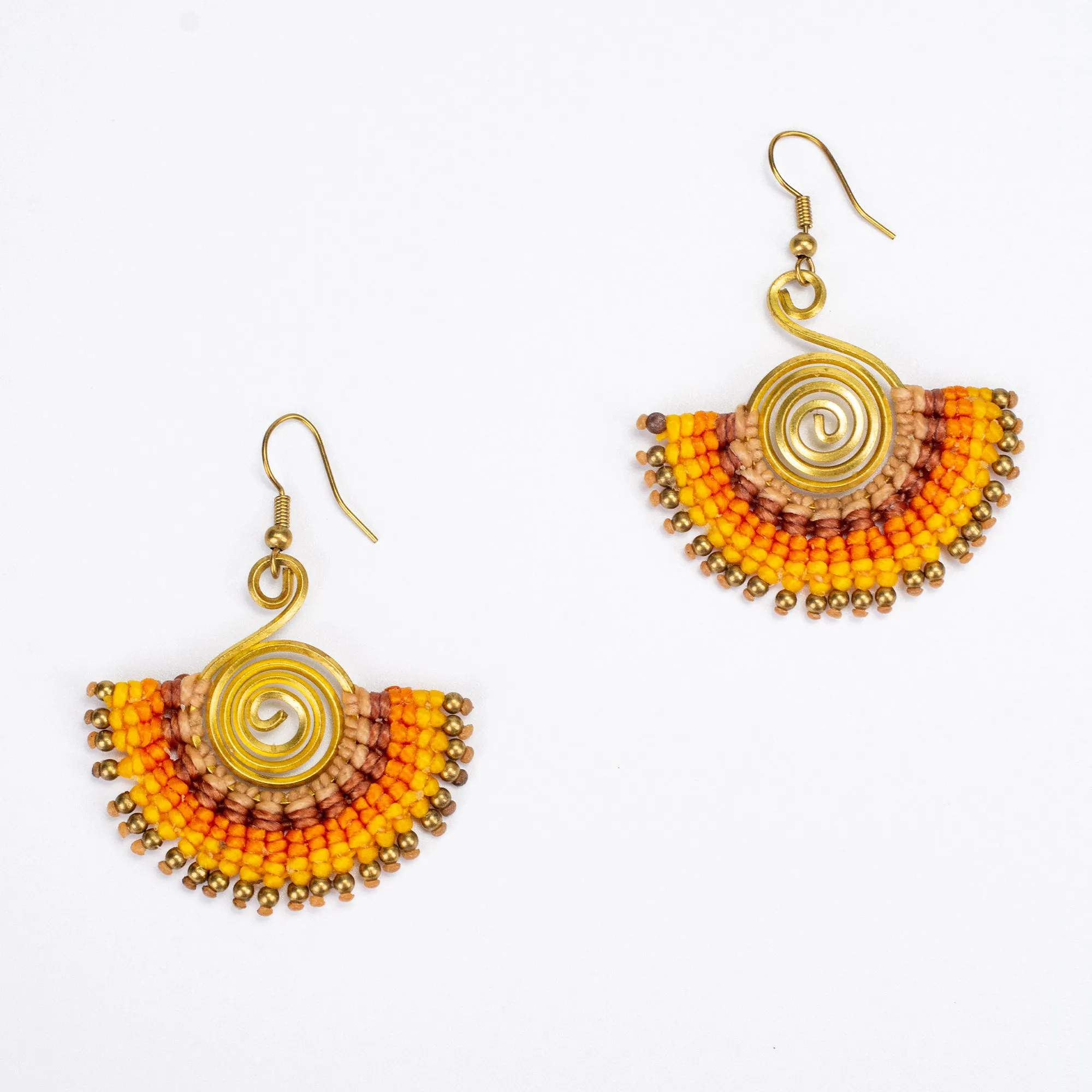 Fan Yellow Orange Waxed String Spiral Brass Earrings