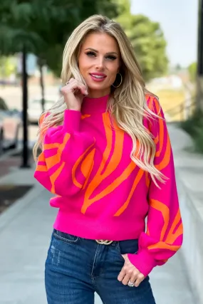 Feeling Fearless Swirl Pattern Mock Neck Sweater : Fuchsia/Orange