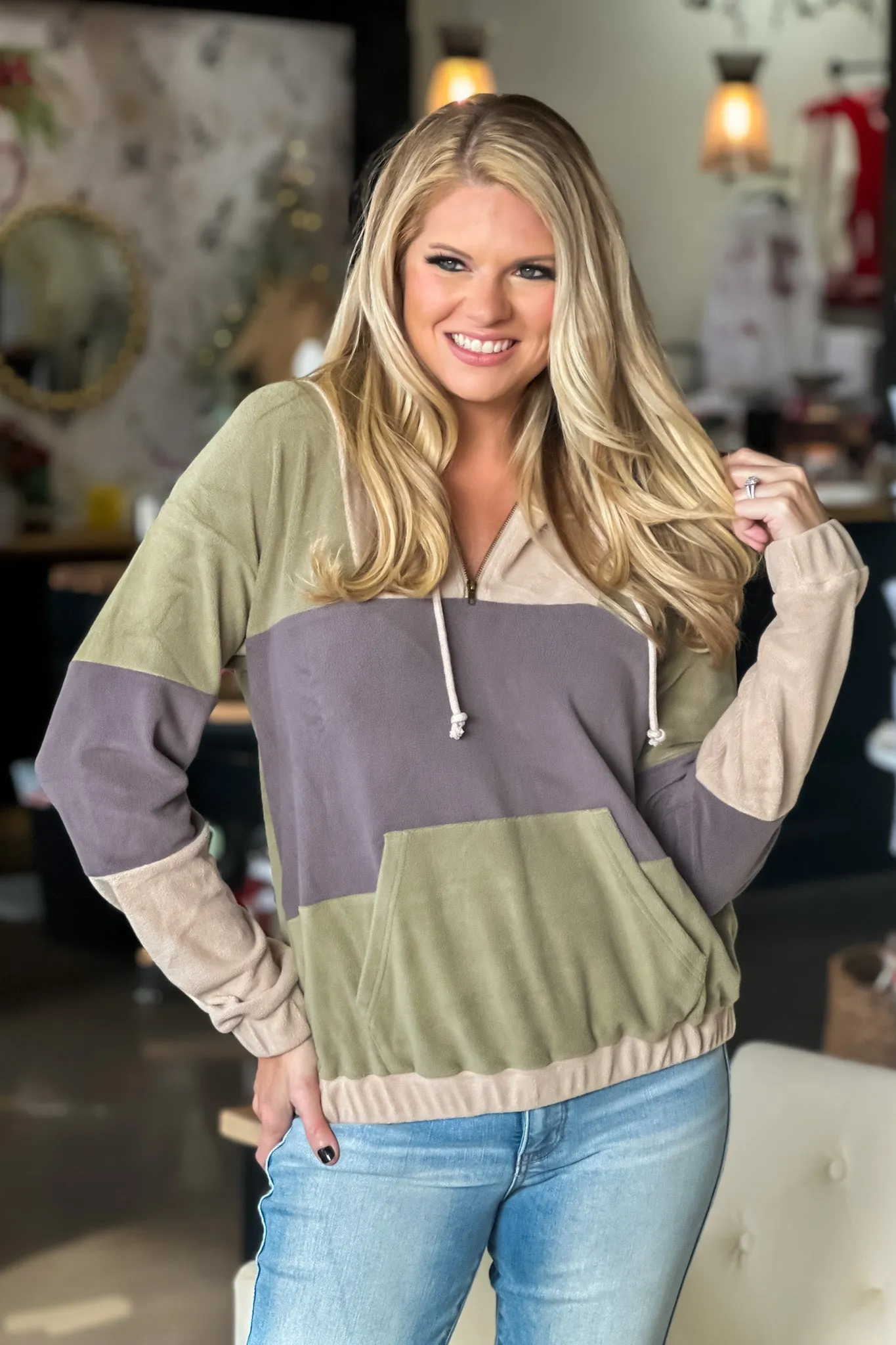 Fill Your Soul Color Block Fleece 1/2 Zip Pullover : Sage/Grey/Beige