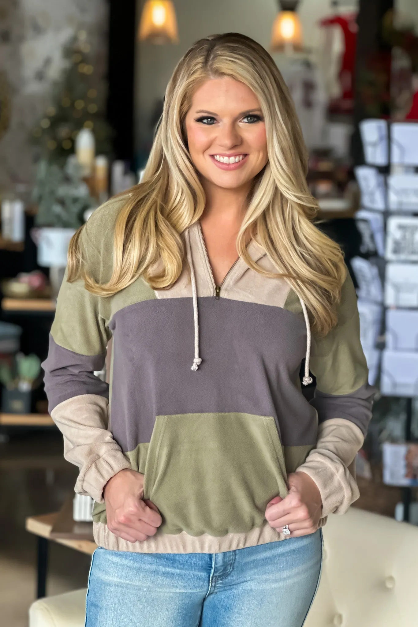 Fill Your Soul Color Block Fleece 1/2 Zip Pullover : Sage/Grey/Beige