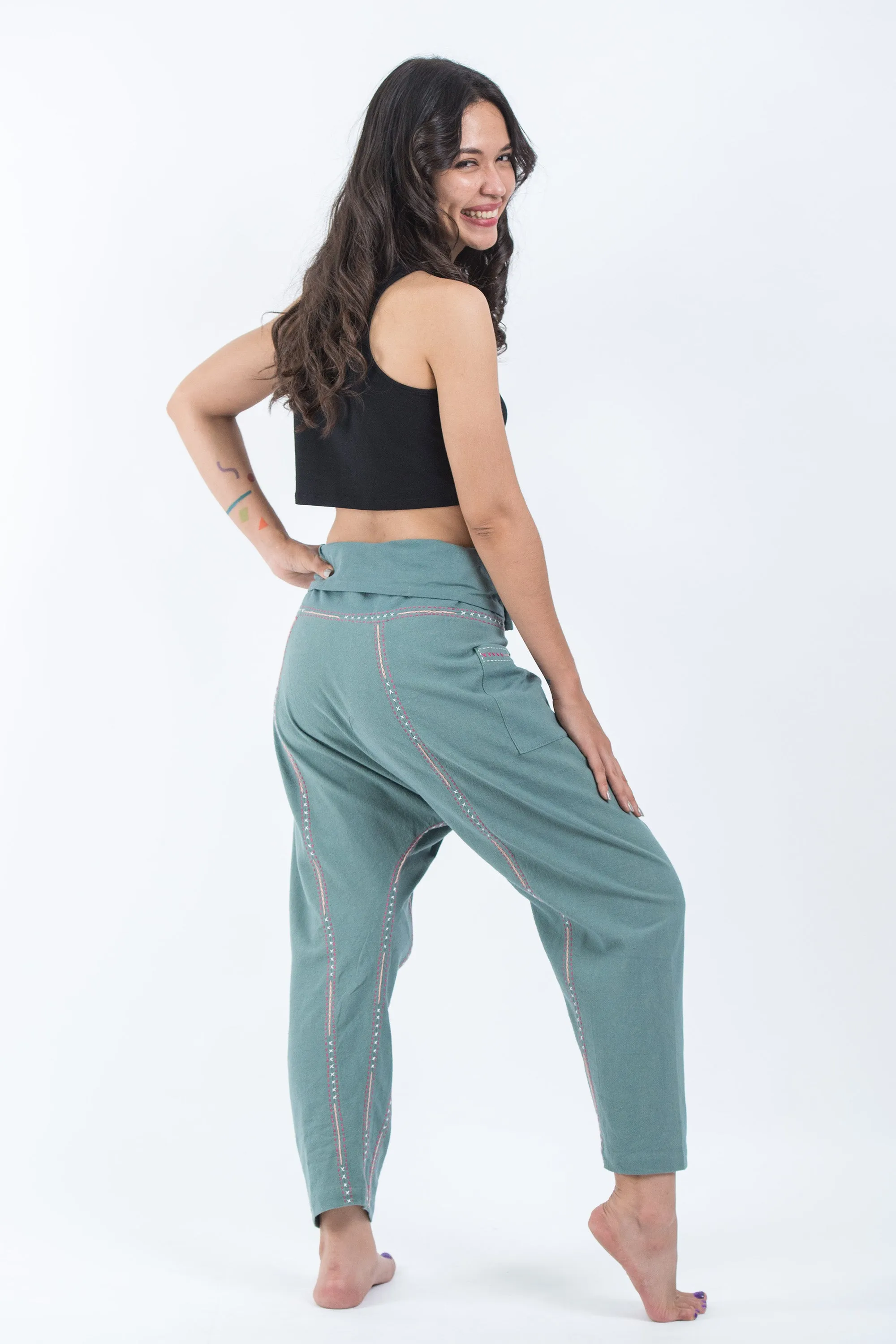 Hand Embroidered Women's Slim Cut Fisherman Pants in Teal