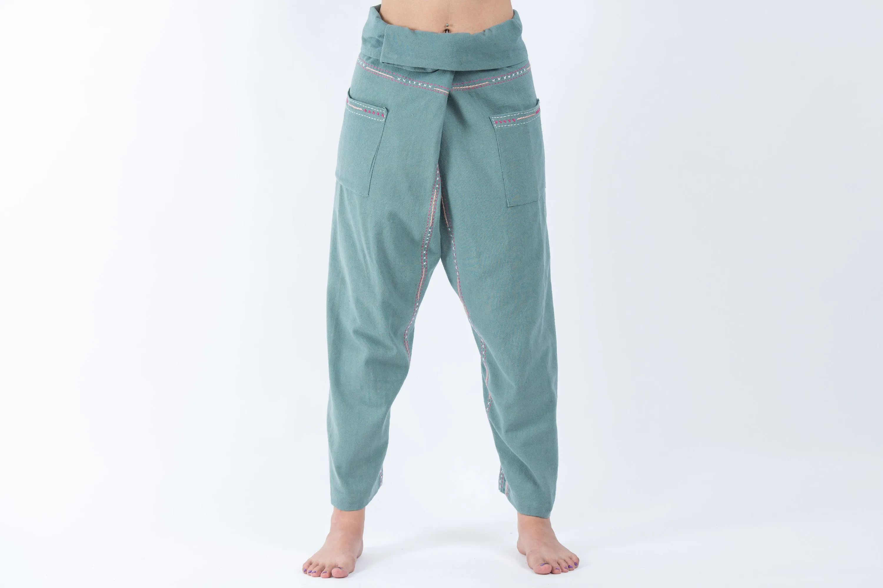 Hand Embroidered Women's Slim Cut Fisherman Pants in Teal