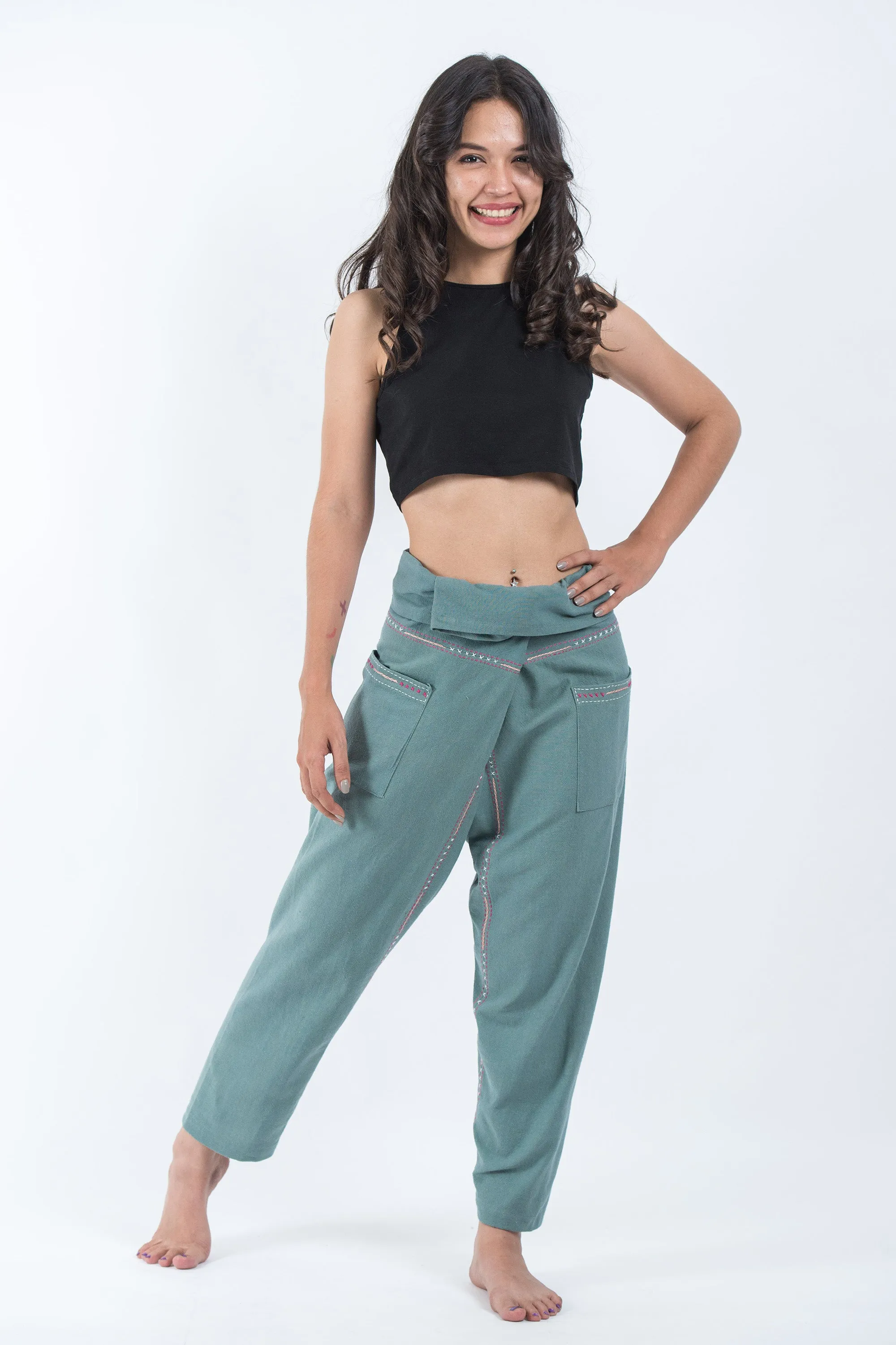 Hand Embroidered Women's Slim Cut Fisherman Pants in Teal