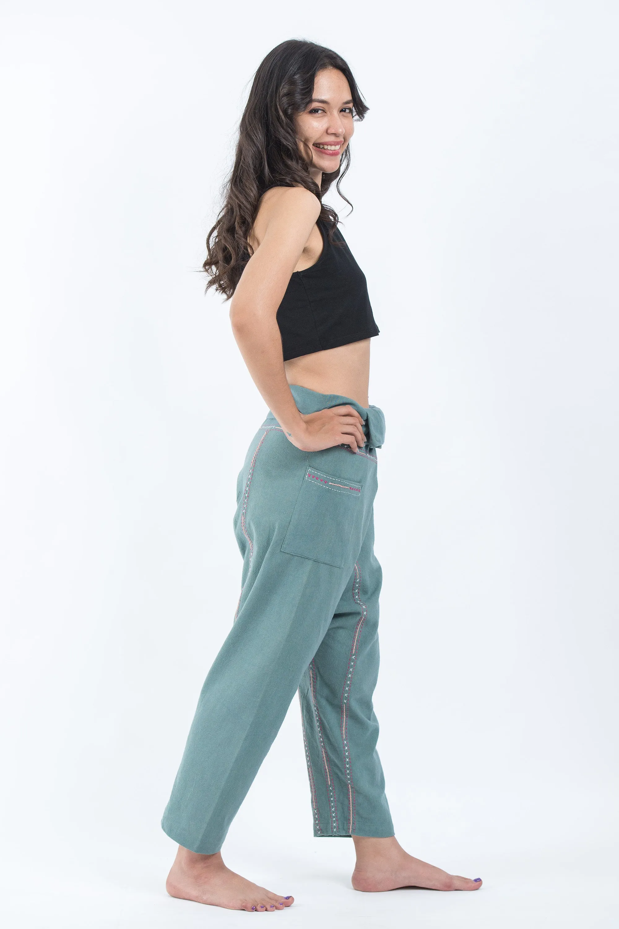 Hand Embroidered Women's Slim Cut Fisherman Pants in Teal