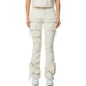 High Rise Cargo Stacked Denim Jeans - Ecru