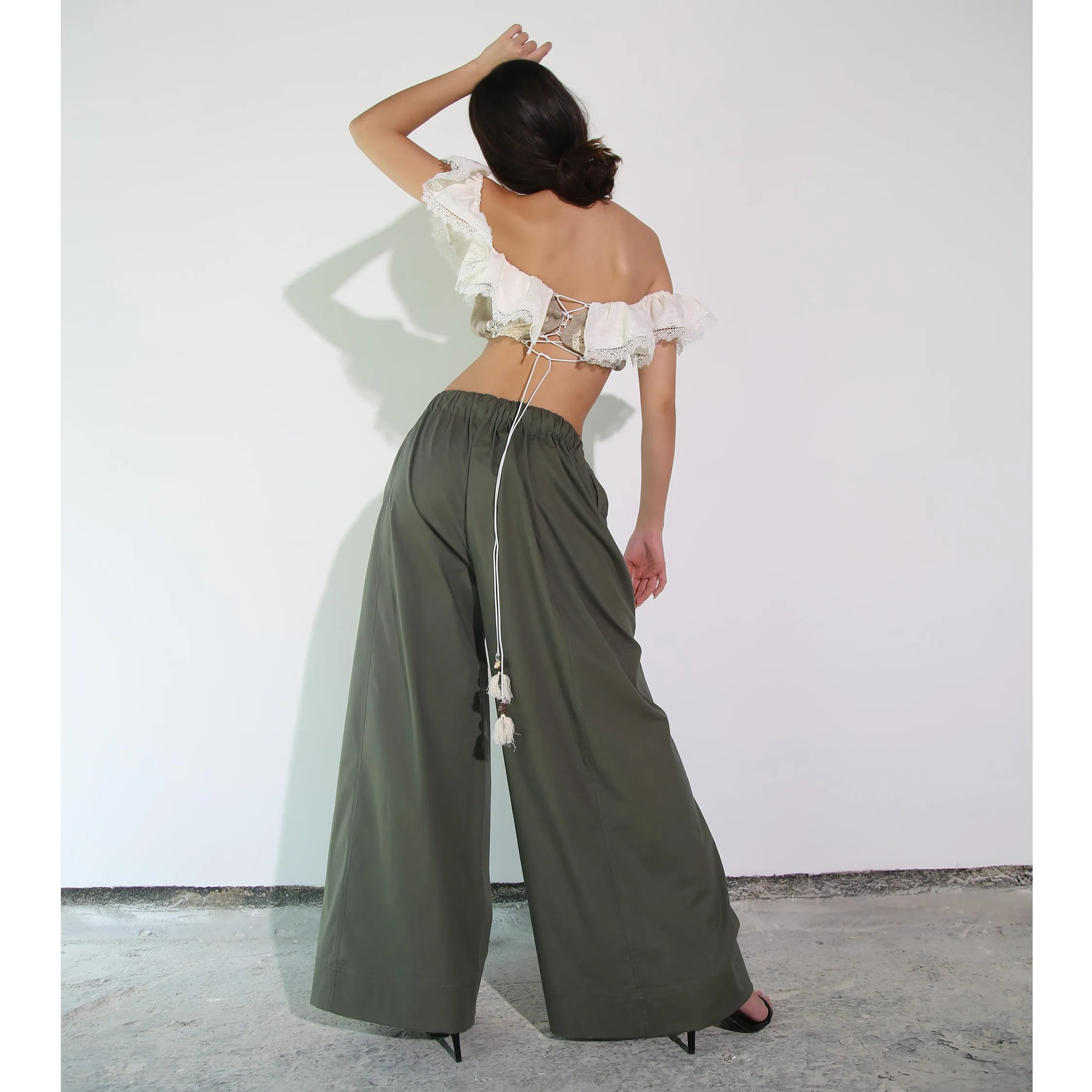 Khaki Cotton Wide-Leg Pant