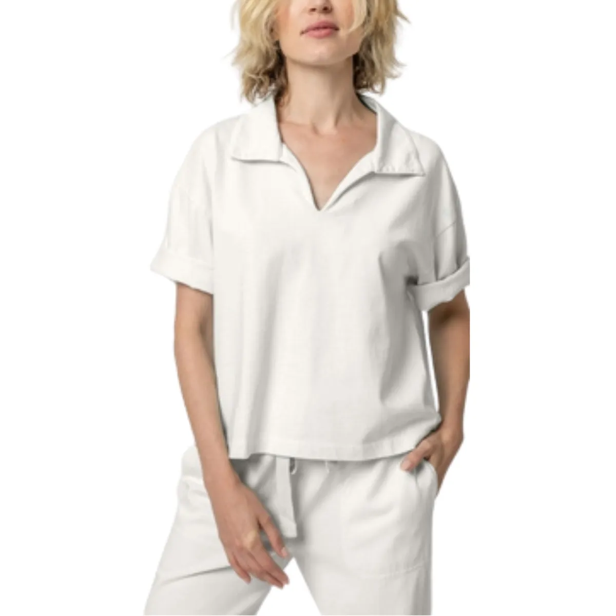 Lilla P Mixed Media Collared Top - (sky or white)