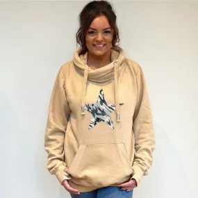 Luxury Cowl Neck Camo Star  Hoodie - Latte