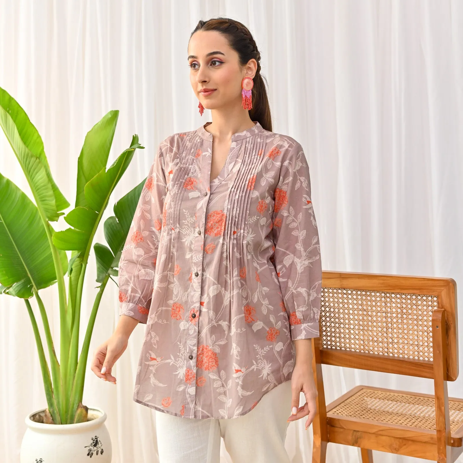 Mauve Sanganeri Printed Shirt Tunic with Pintuck Details