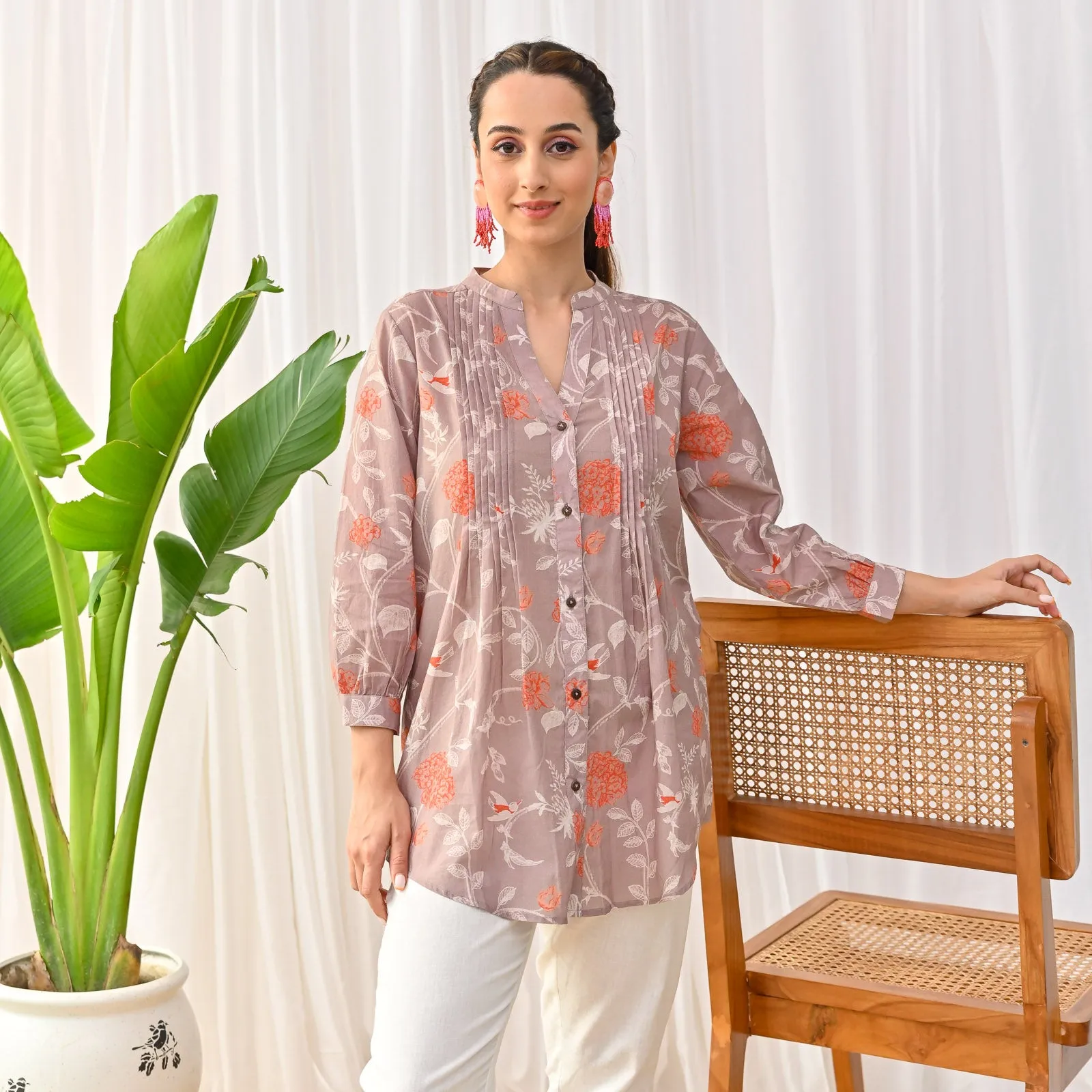 Mauve Sanganeri Printed Shirt Tunic with Pintuck Details