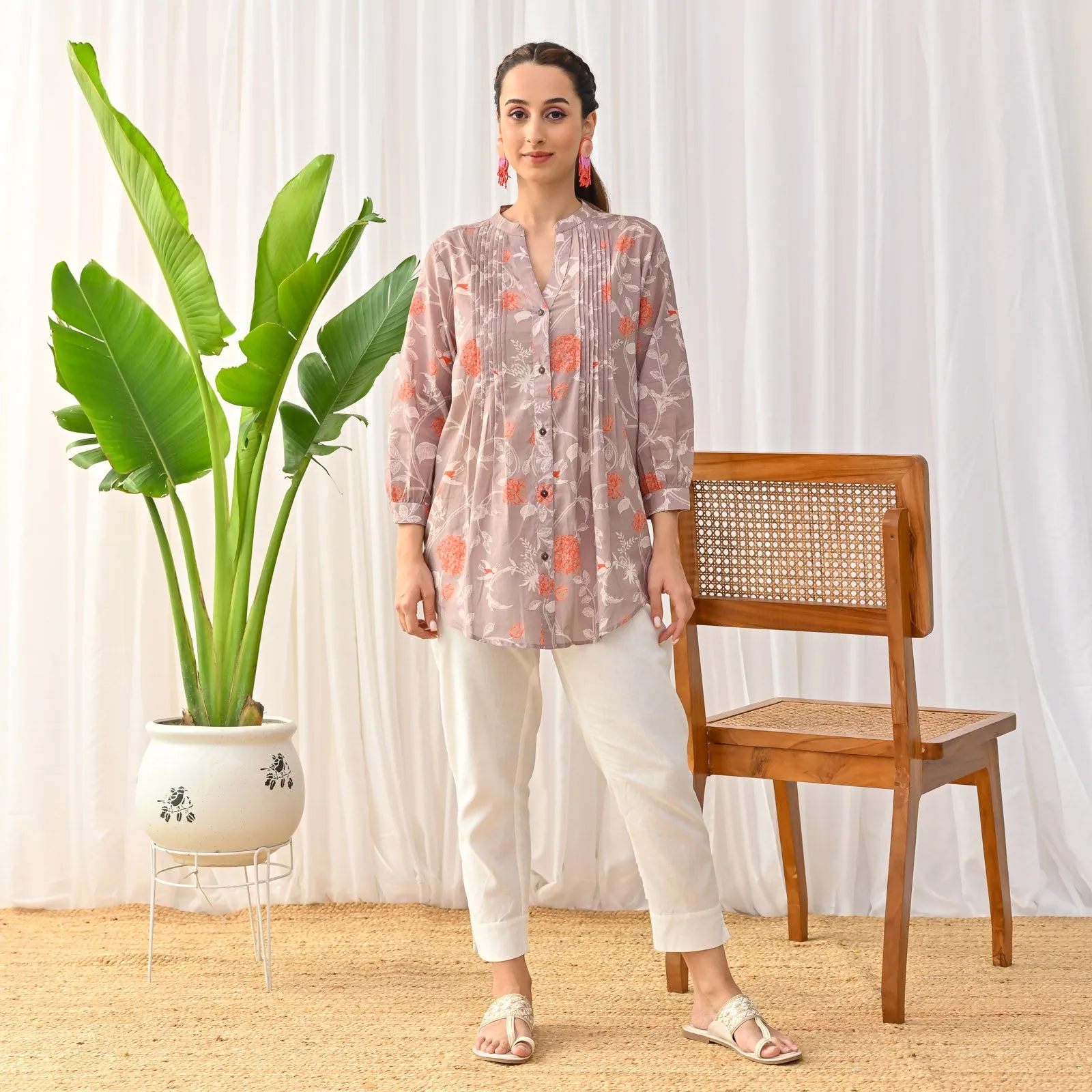 Mauve Sanganeri Printed Shirt Tunic with Pintuck Details