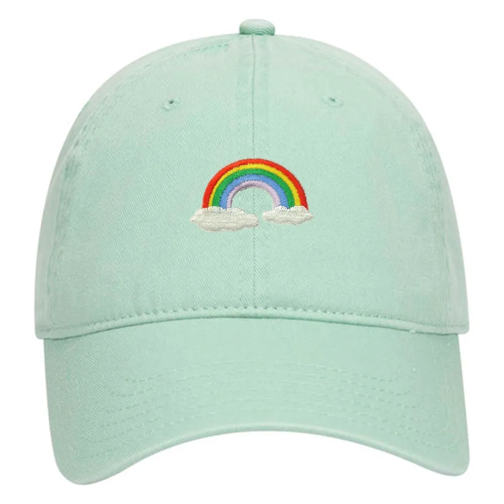 Rainbow with Clouds Embroidered Patch Pastel Tone Garment Washed Superior Cotton Twill Dad Hat - For Women and Men