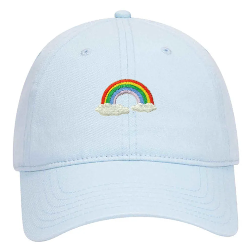 Rainbow with Clouds Embroidered Patch Pastel Tone Garment Washed Superior Cotton Twill Dad Hat - For Women and Men