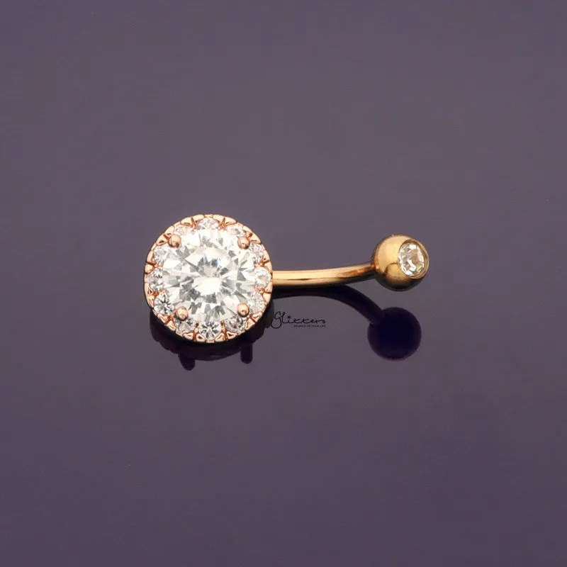 Round Prong Set CZ Center Double Gem Belly Button Navel Ring - Rose Gold