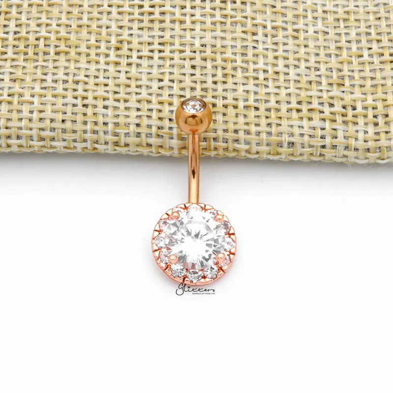 Round Prong Set CZ Center Double Gem Belly Button Navel Ring - Rose Gold