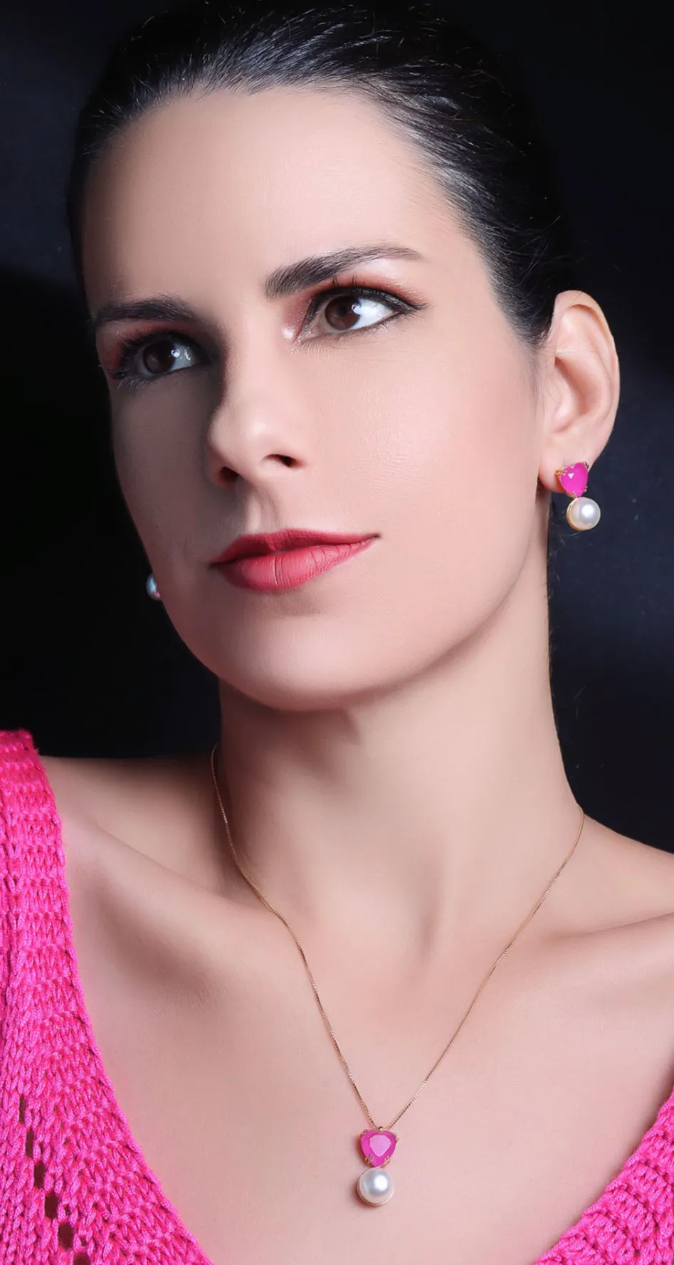 SET NECKLACE EARRING PEARL&CRYST PINK FUCSIA FUSION