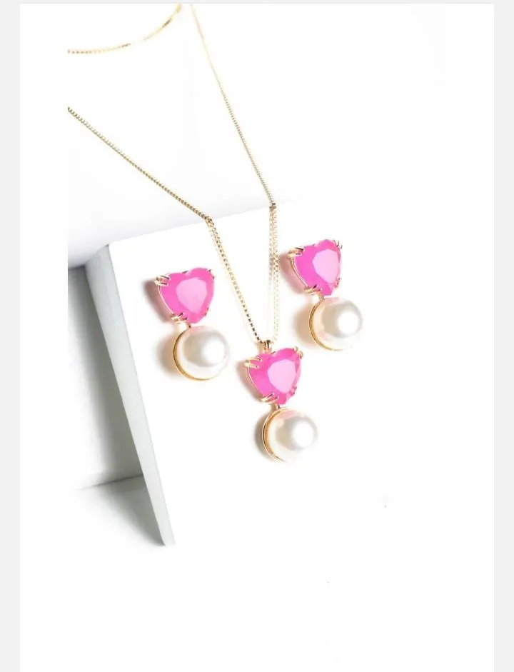 SET NECKLACE EARRING PEARL&CRYST PINK FUCSIA FUSION