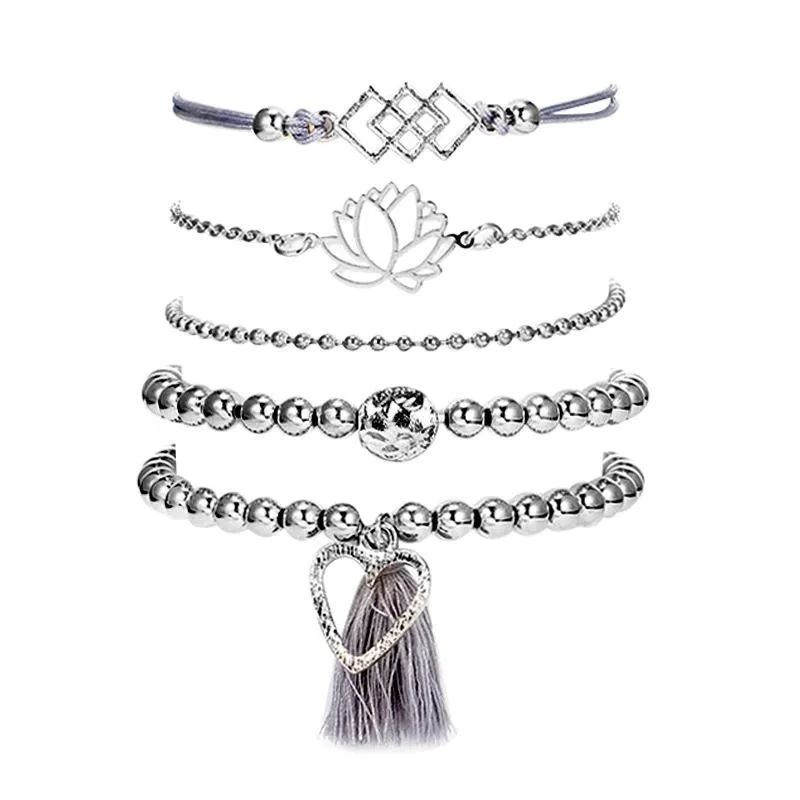 Silver Lotus Love 5 Part Women Bracelet Set