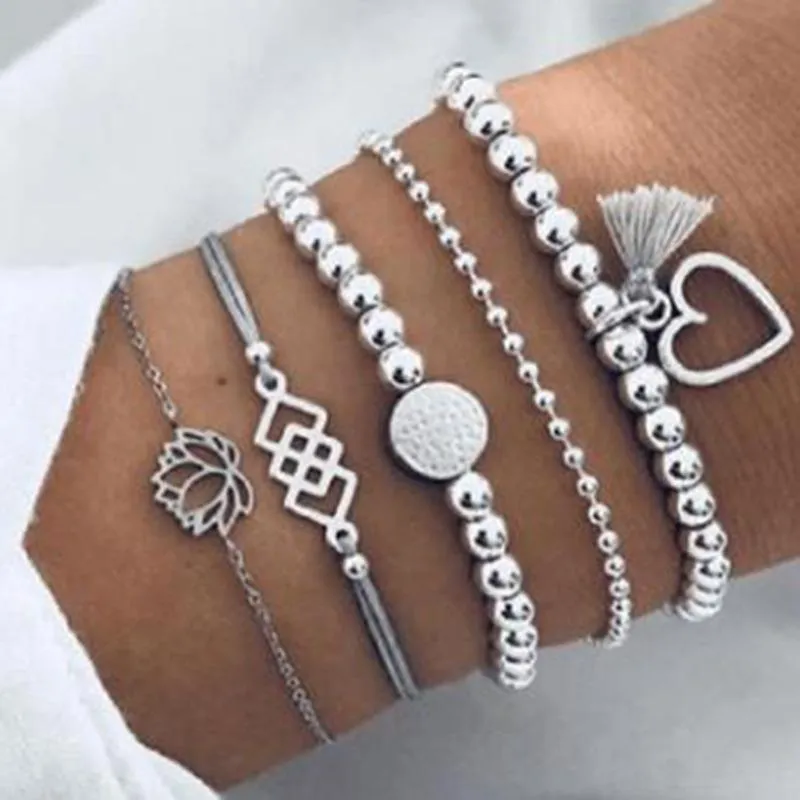 Silver Lotus Love 5 Part Women Bracelet Set