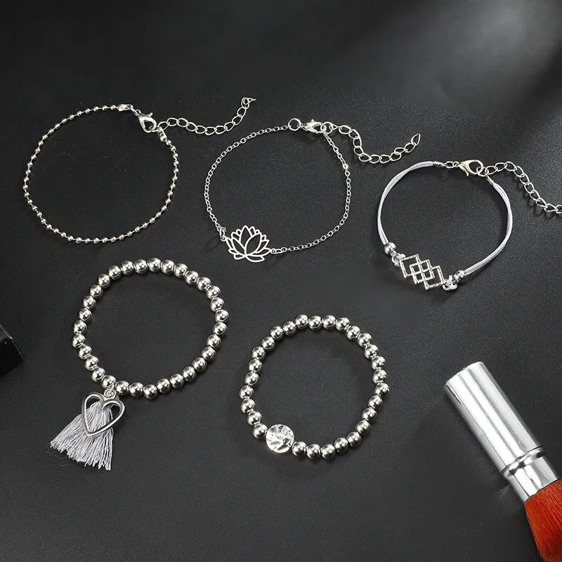 Silver Lotus Love 5 Part Women Bracelet Set