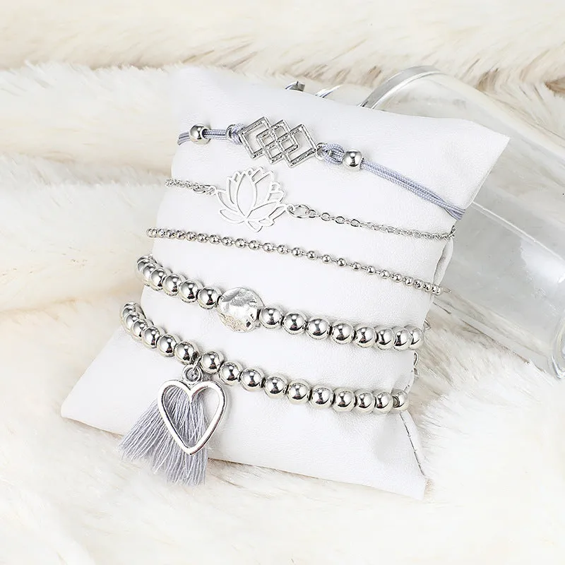 Silver Lotus Love 5 Part Women Bracelet Set