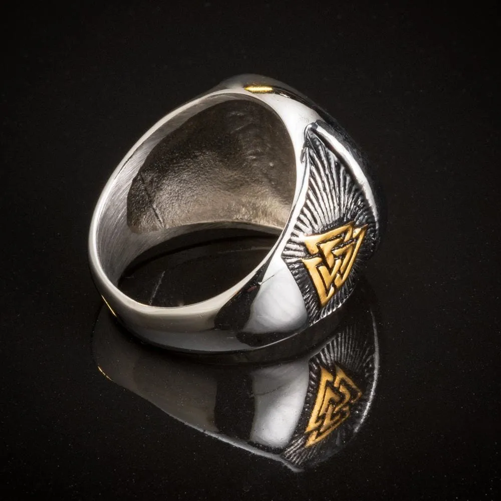 Stainless Steel Dual Color Valknut and Runes Ring