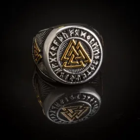 Stainless Steel Dual Color Valknut and Runes Ring