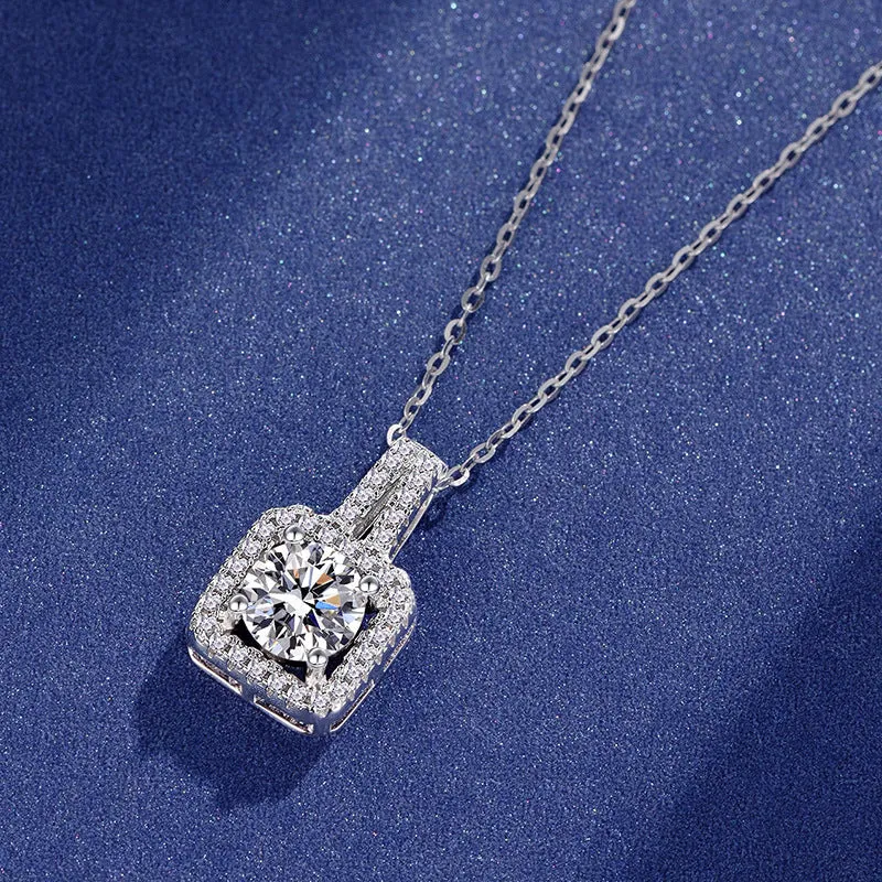 Sterling Silver Moissanite Princess Square Bale Necklace