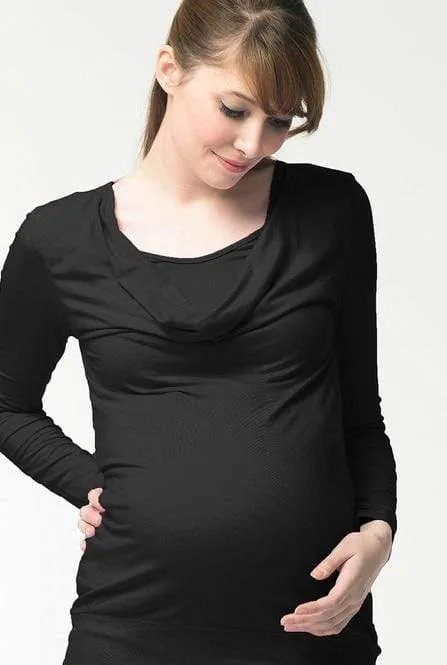 Velma Cowl Bamboo Cotton Long Sleeve Nursing Nursing Top Black